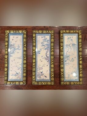 VTG Chinese Art Silk Print Paintings Set 3 Gold Frames Flower Bird Huaniao-hua